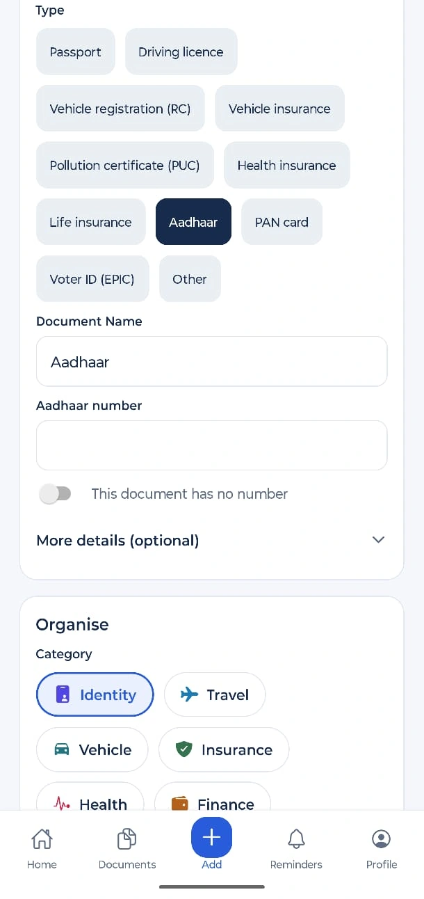 Add a document screen in the Kinrafter app
