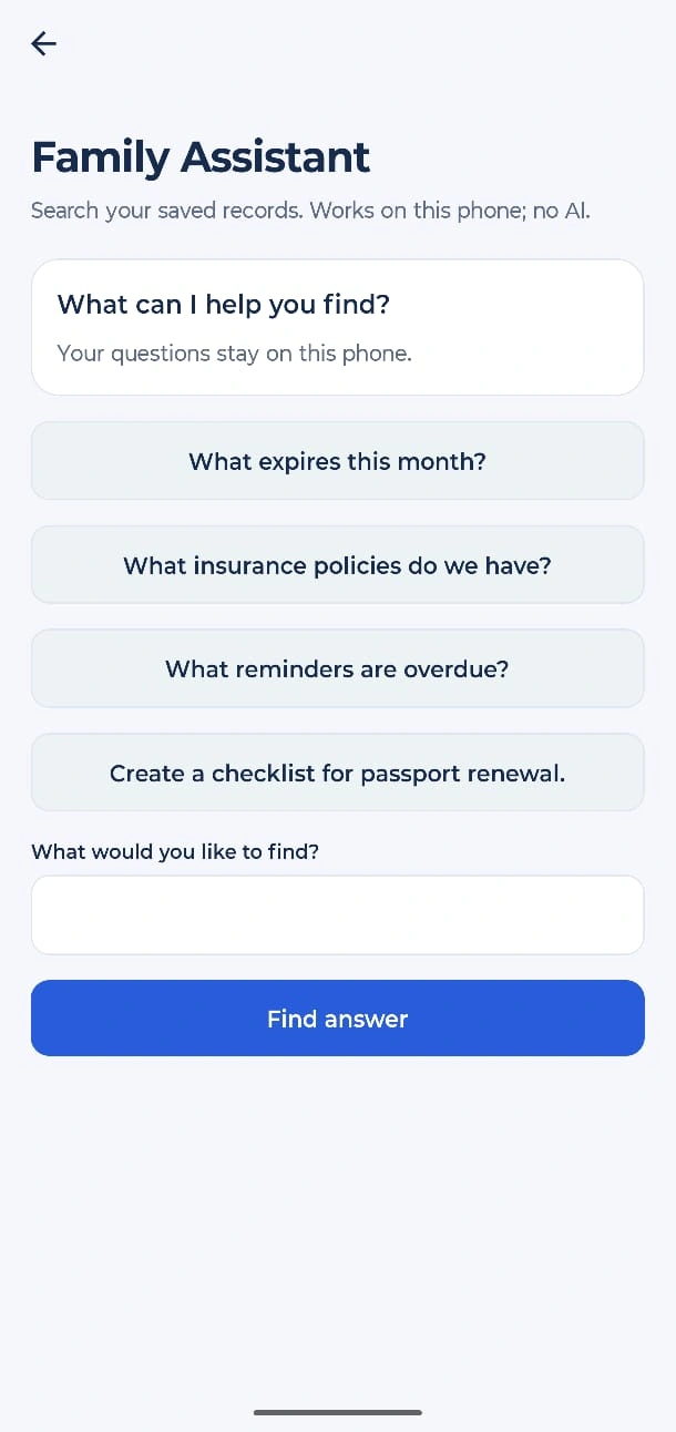 Find answers screen in the Kinrafter app