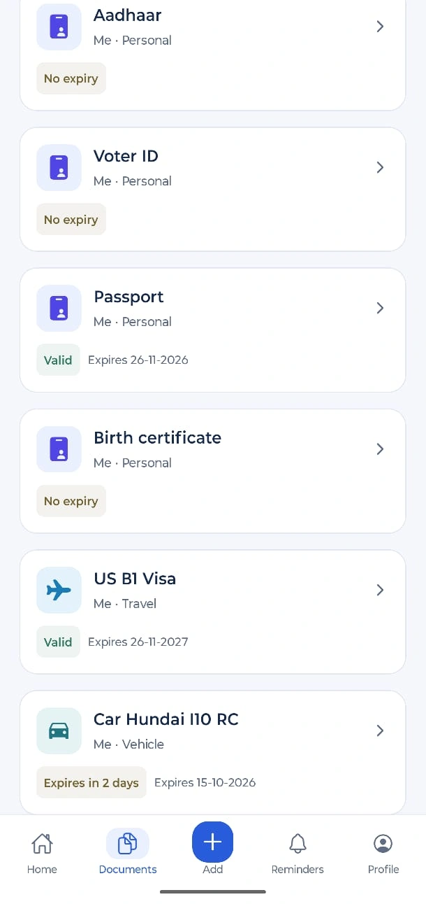 Documents screen in the Kinrafter app