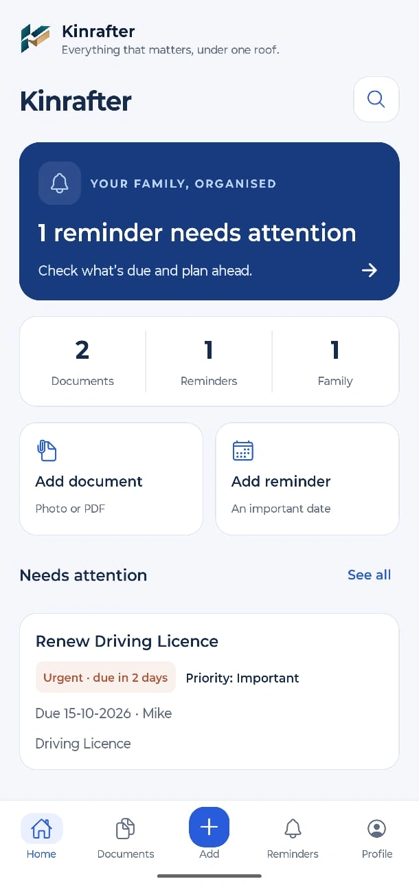 Home screen in the Kinrafter app