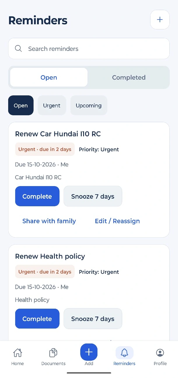 Reminders screen in the Kinrafter app