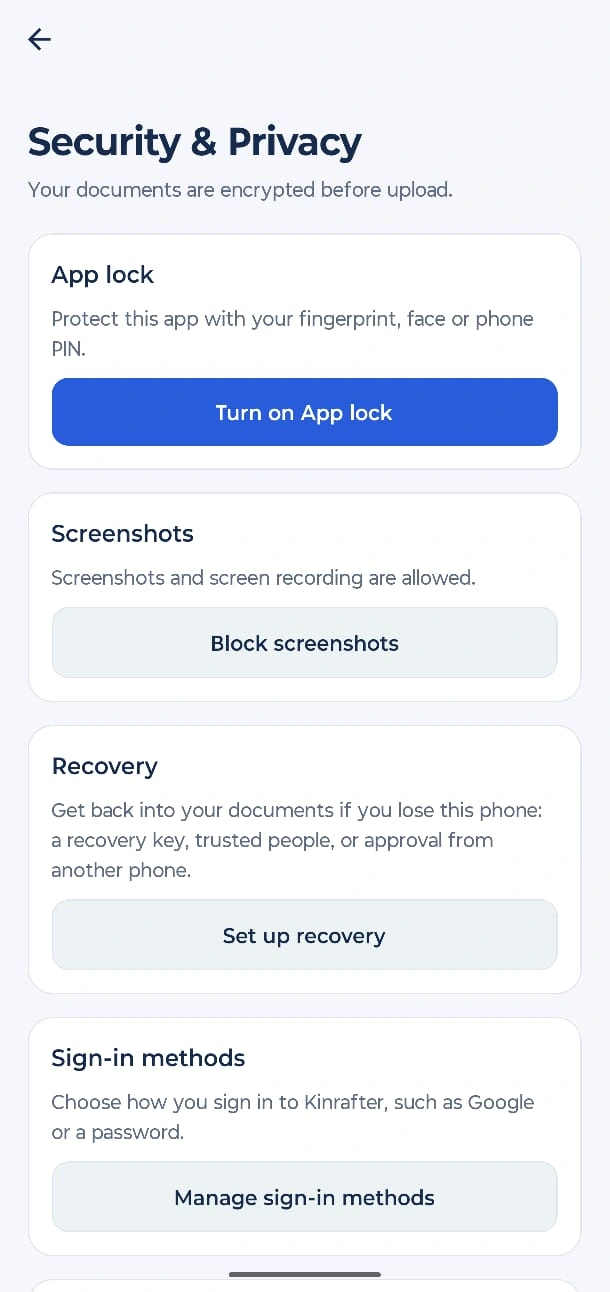 Security screen in the Kinrafter app